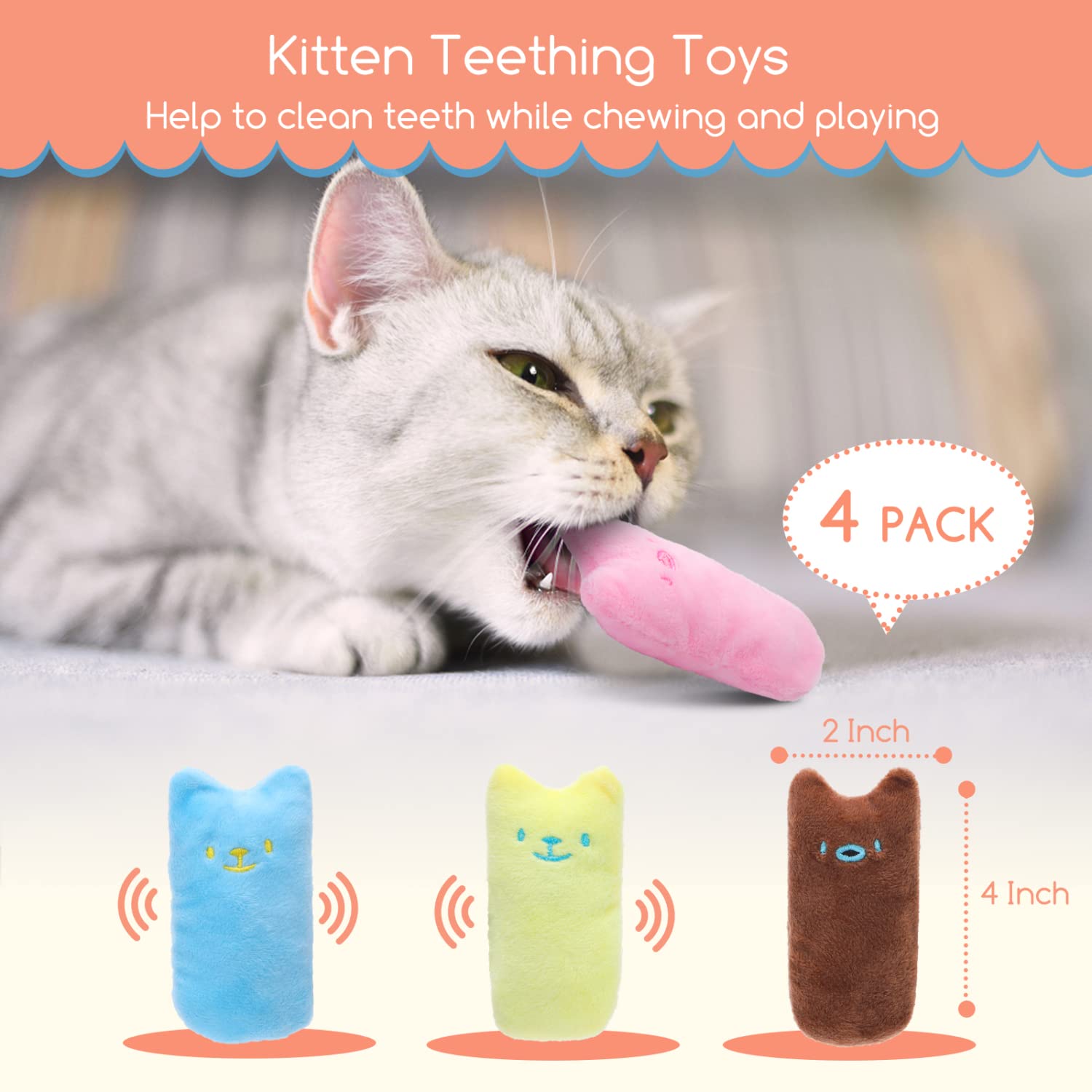 Nobleza Kitten Toys For Indoor Cats, 4 Pack Catnip Cat Teething Chew Toys With Crinkle Paper, Soft Plush Interactive Toy Funny C